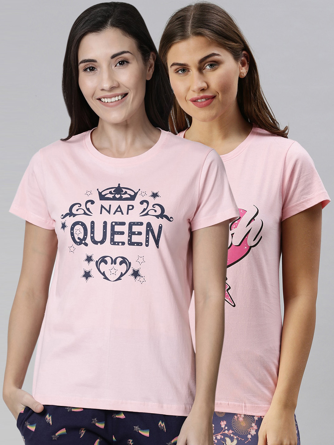 

Kryptic Women Pack of 2 Cotton Printed Lounge Tshirts, Pink