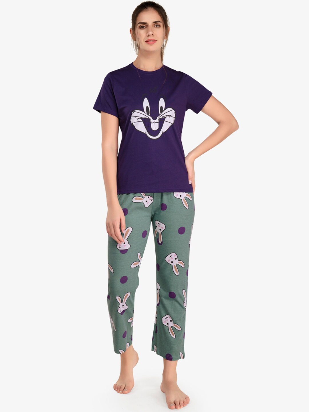 

evolove Women Violet & Green Printed Pure Cotton Night suit