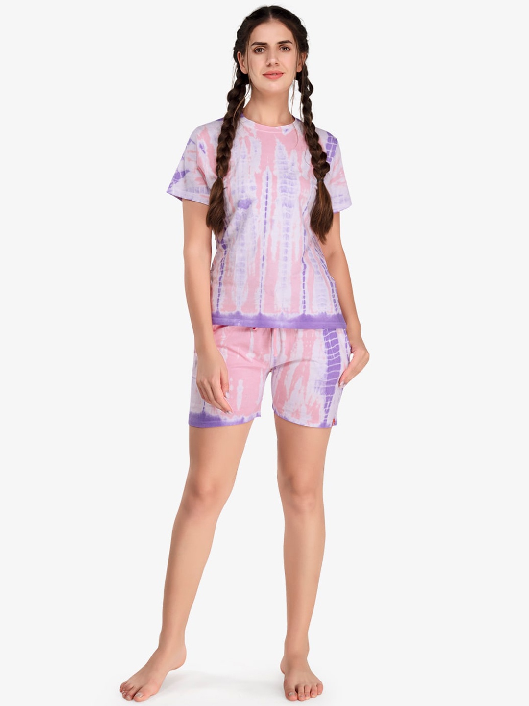 

evolove Women Peach-Coloured & Purple Tie & Dye Printed Pure Cotton Night Suit