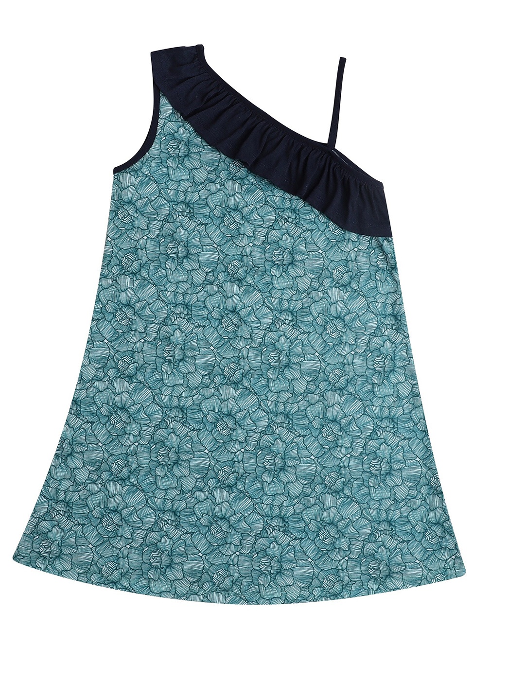 

Hopscotch Girls Green & Black Floral One Shoulder Cotton A-Line Dress