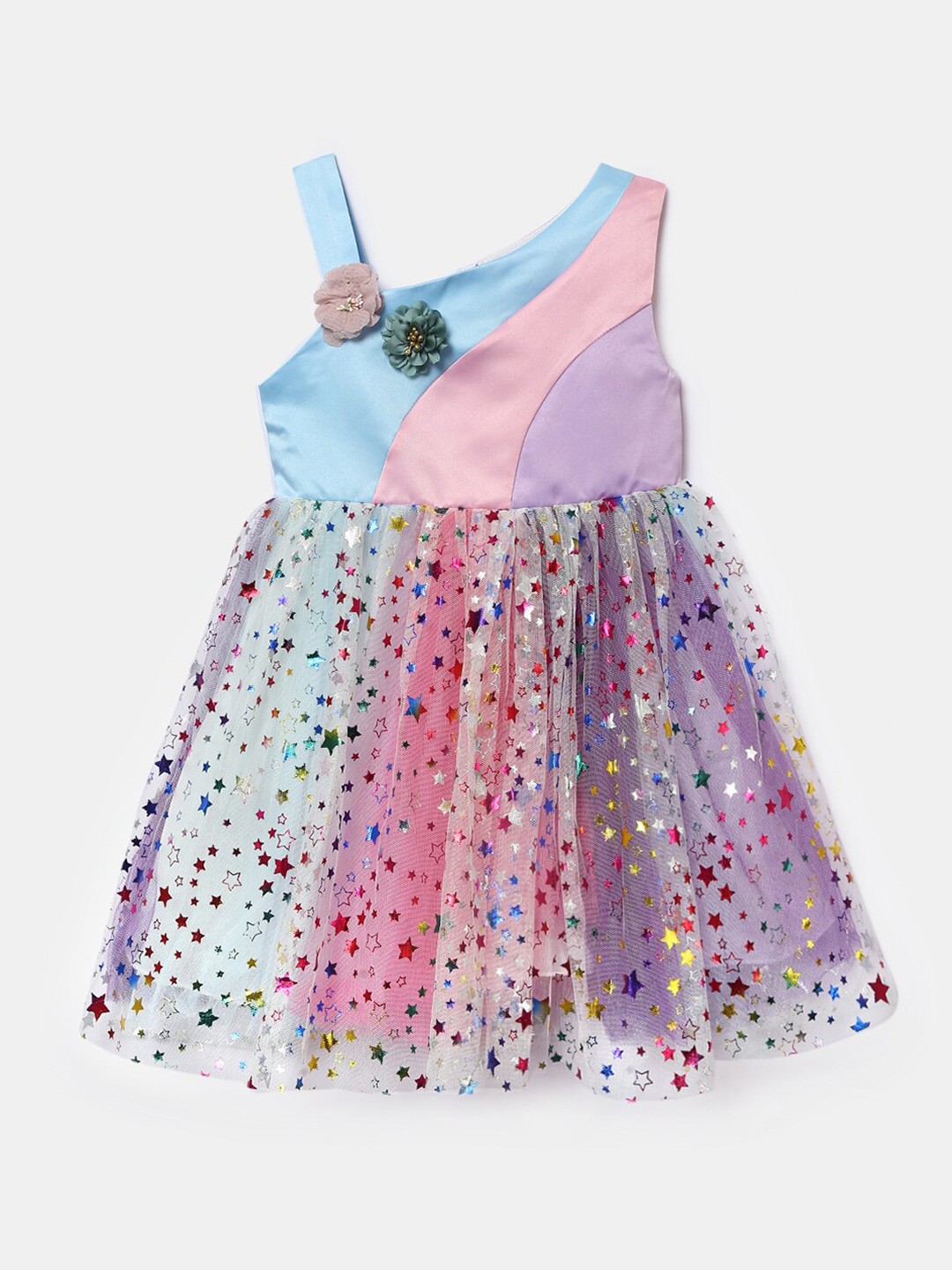 

Hopscotch Girls Purple & Pink Colourblocked One Shoulder Fit & Flare Dress