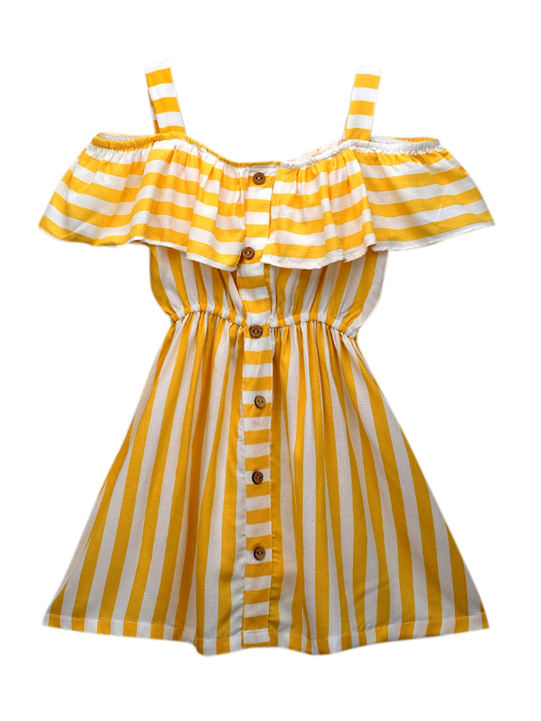 

Hopscotch Girls Yellow & White Striped Shoulder Strap Cotton A-Line Dress