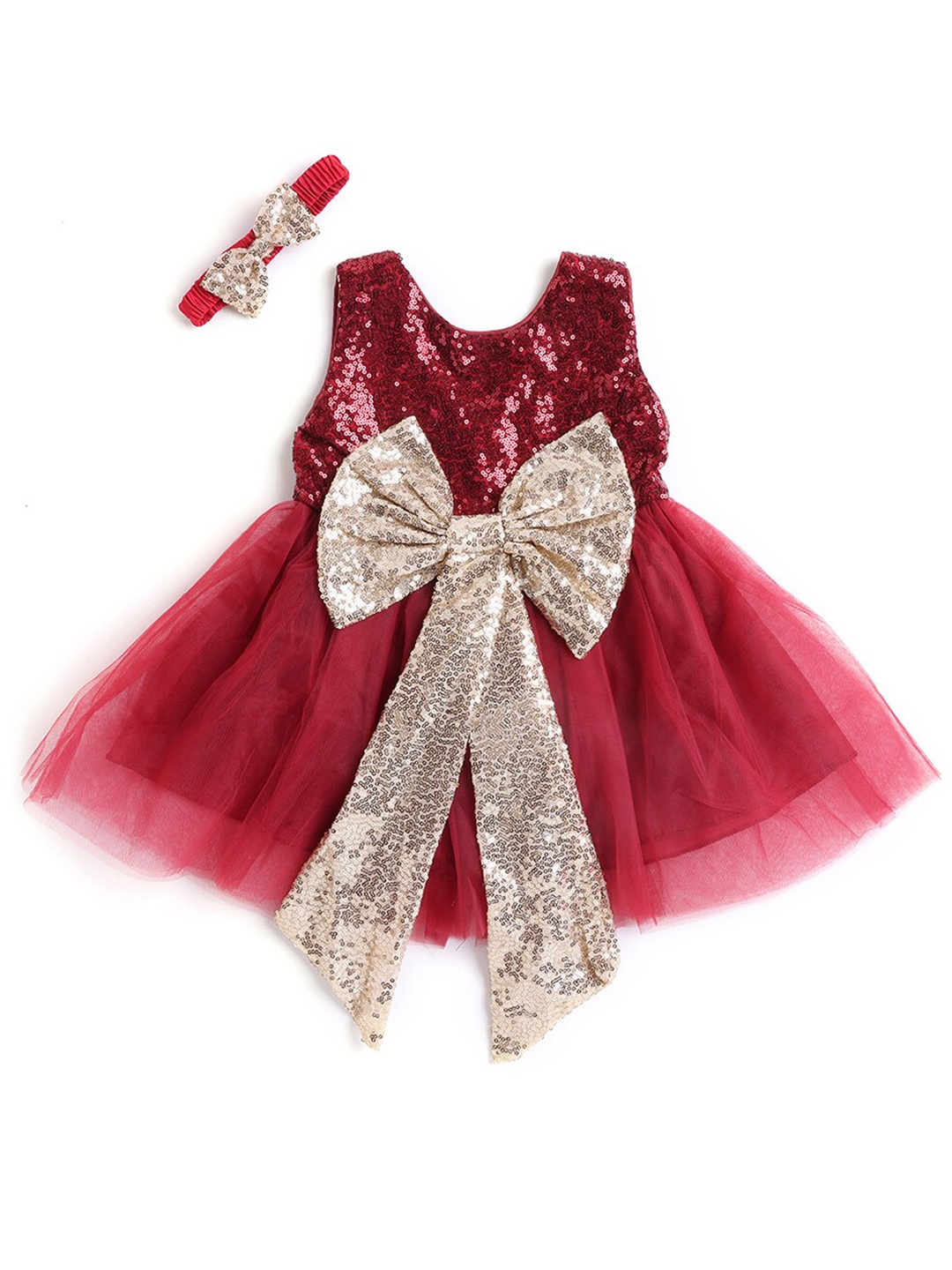 

Hopscotch Girls Red Embellished Fit & Flare Dress with Bow Tie & Headband