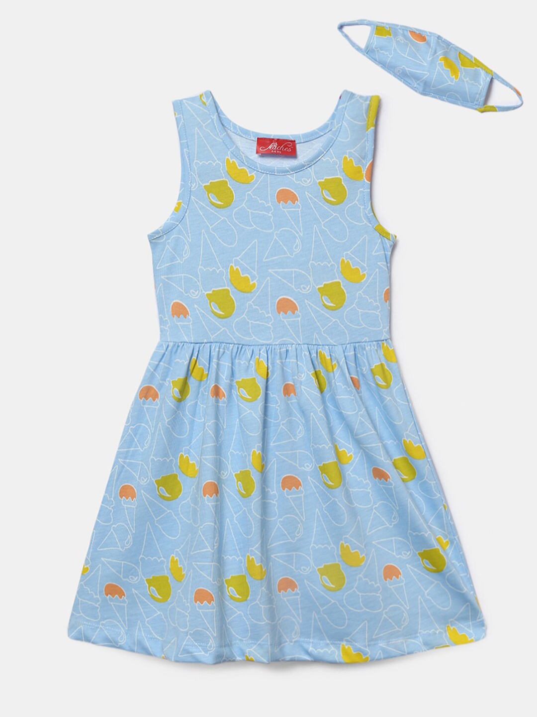 

Hopscotch Girls Blue & Yellow Cotton Dress With A Mask
