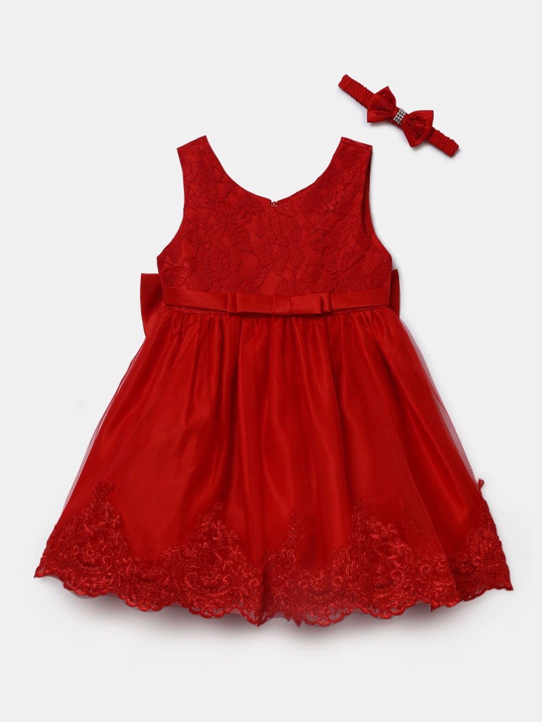 

Hopscotch Red Self Design Dress With Matching Hairband