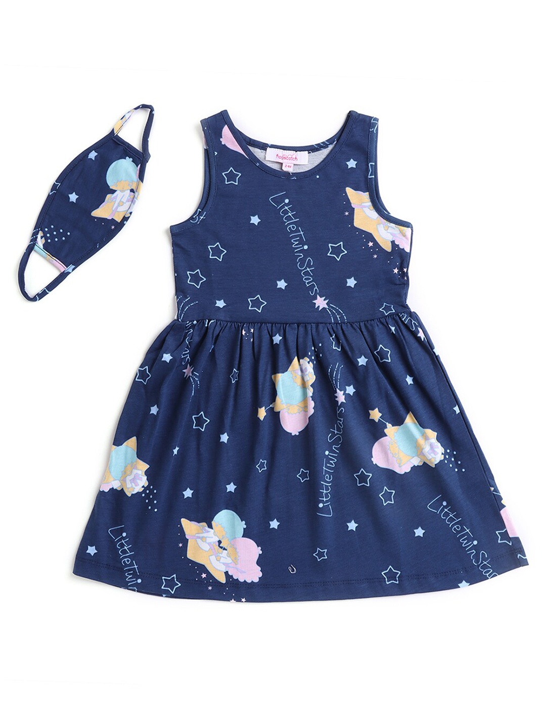 

Hopscotch Blue Printed Cotton Dress With Matching Mask