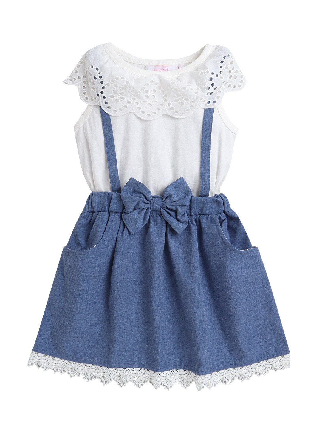 

Hopscotch White & Blue Colourblocked Pinafore Dress