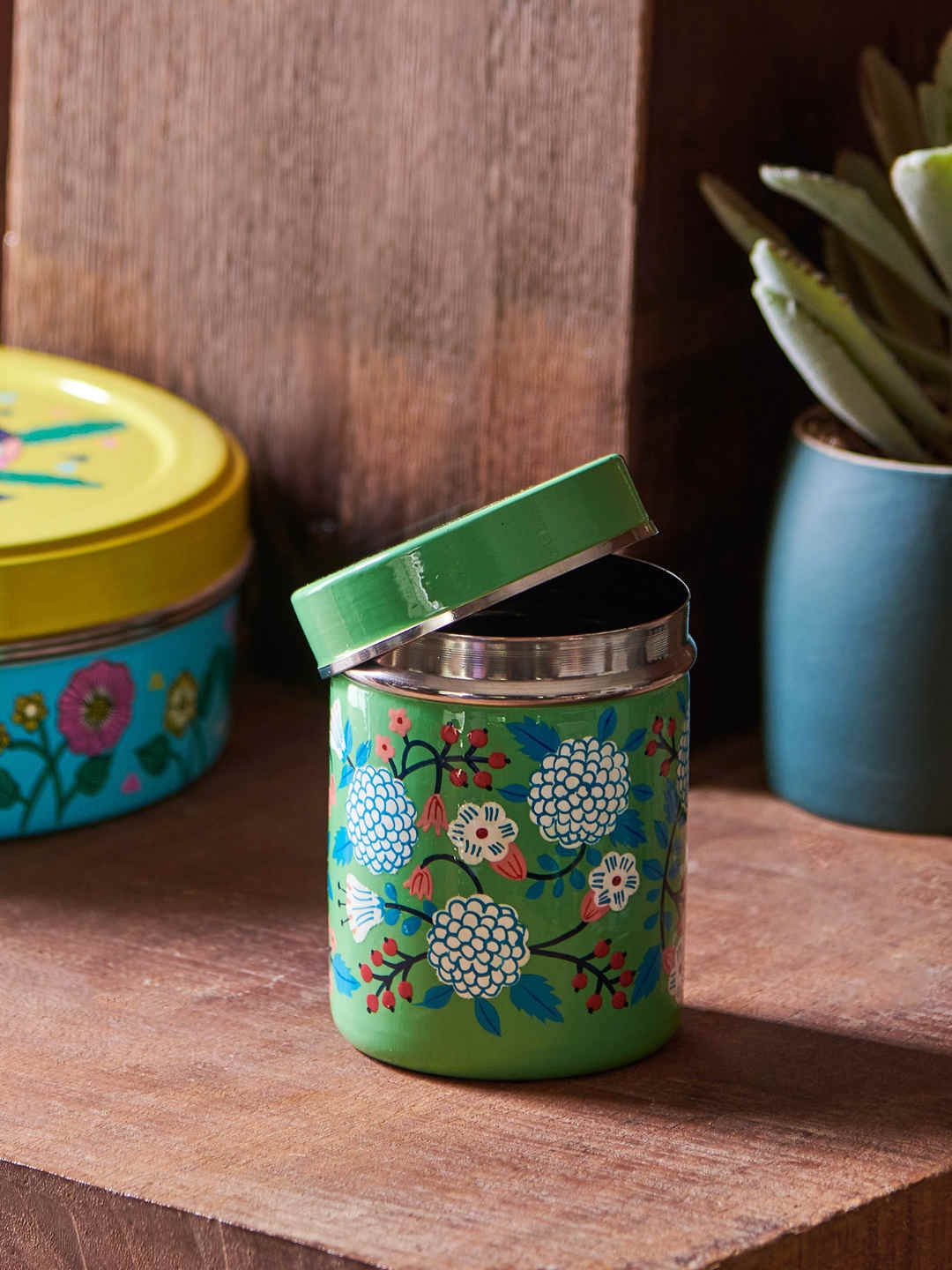 

Chumbak Green & White Hand-Painted Stainless Steel Cannister