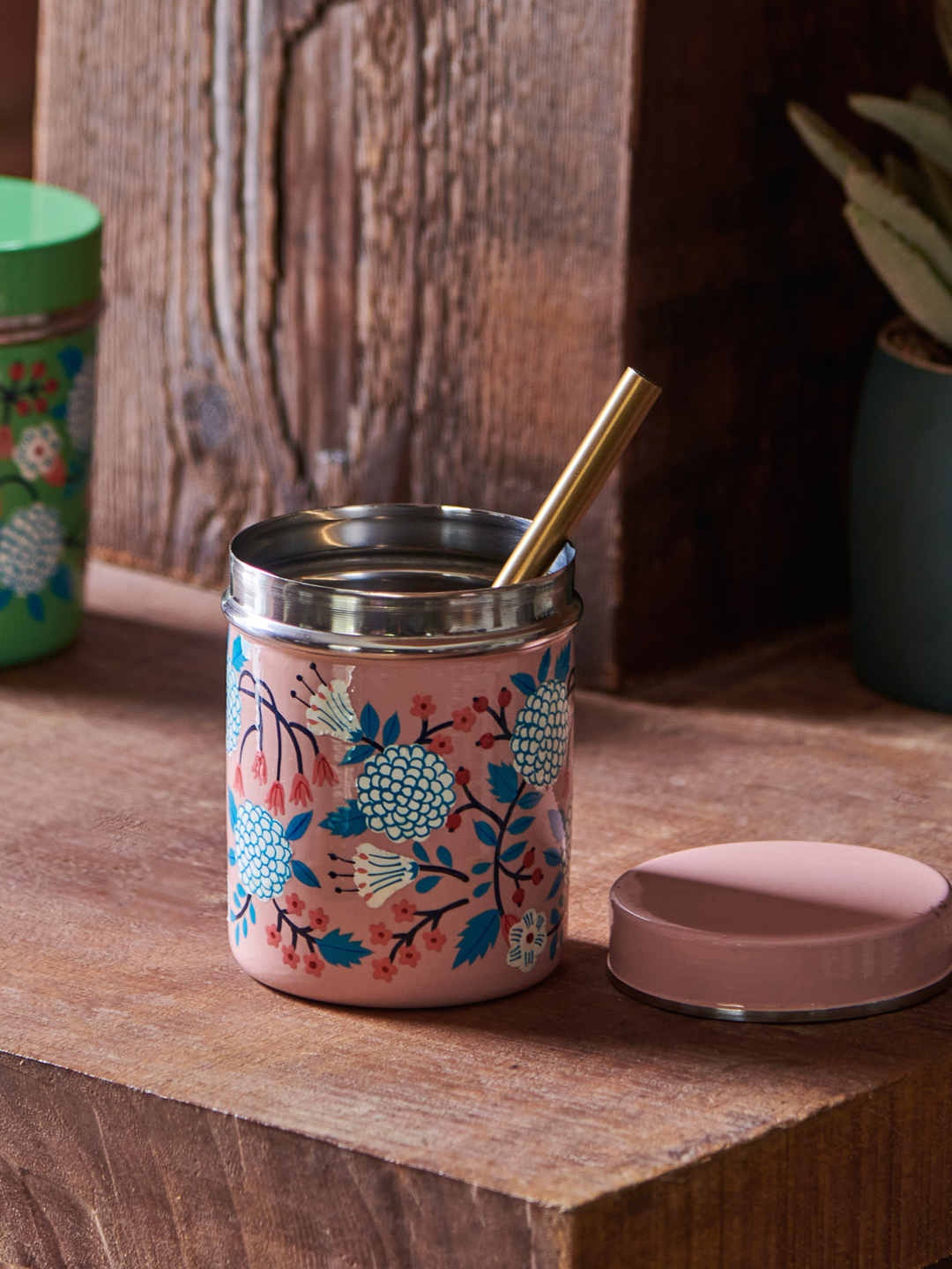 

Chumbak Peach-Coloured & White Hand-Painted Stainless Steel Cannister