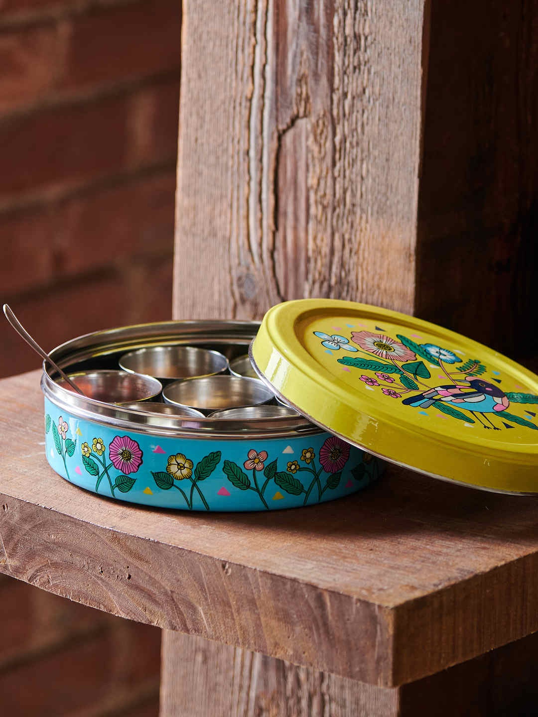 

Chumbak Yellow & Blue Hand-Painted Stainless Steel Spice Box