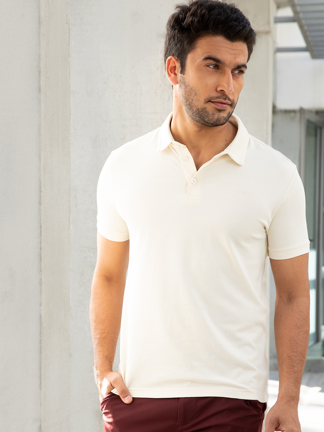 

DAMENSCH Men Solid Thermoregulating Regular Fit 3 Button Polo T-shirt, Off white