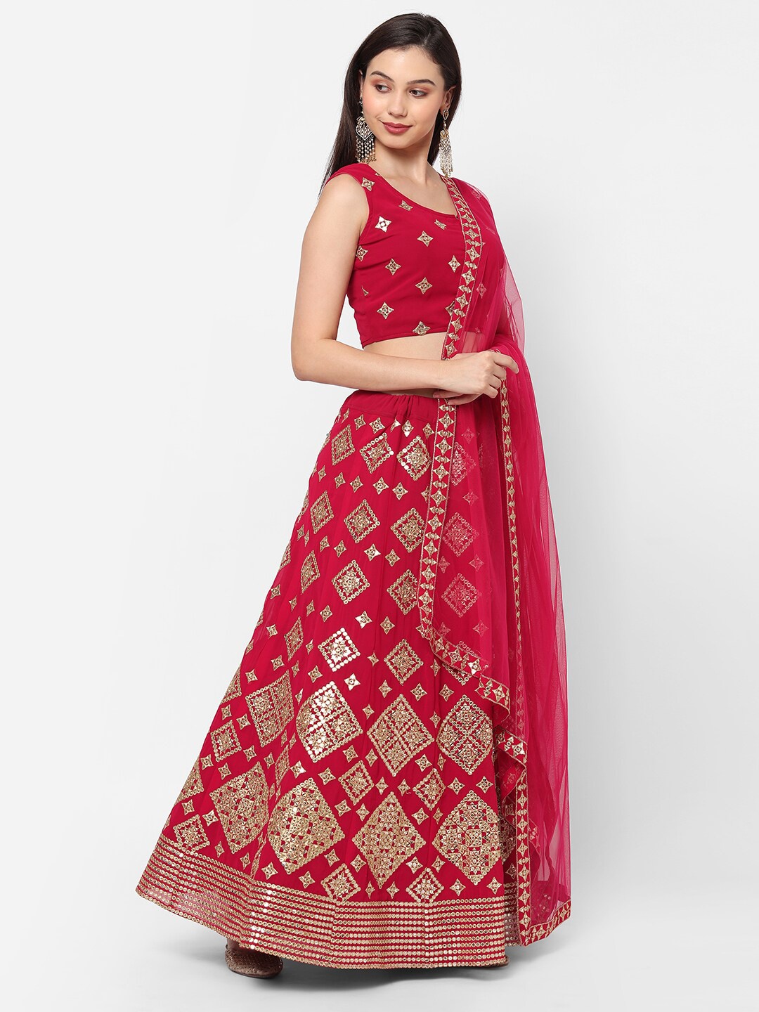 

RedRound Magenta & Gold-Toned Embroidered Mirror Work Semi-Stitched Lehenga & Unstitched Blouse With Dupatta