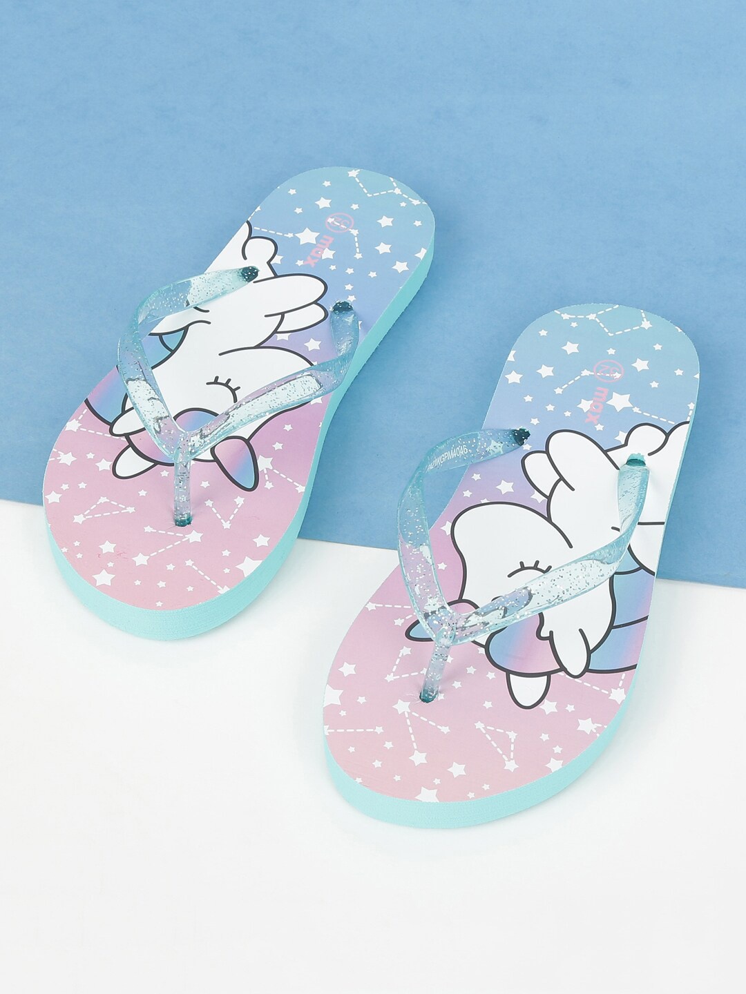 

max Girls Blue & Pink Unicorn Printed T-Strap Slip On Flats