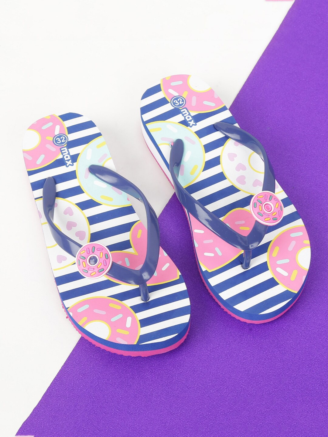 

max Girls Navy Blue & Pink Printed T-Strap Flats