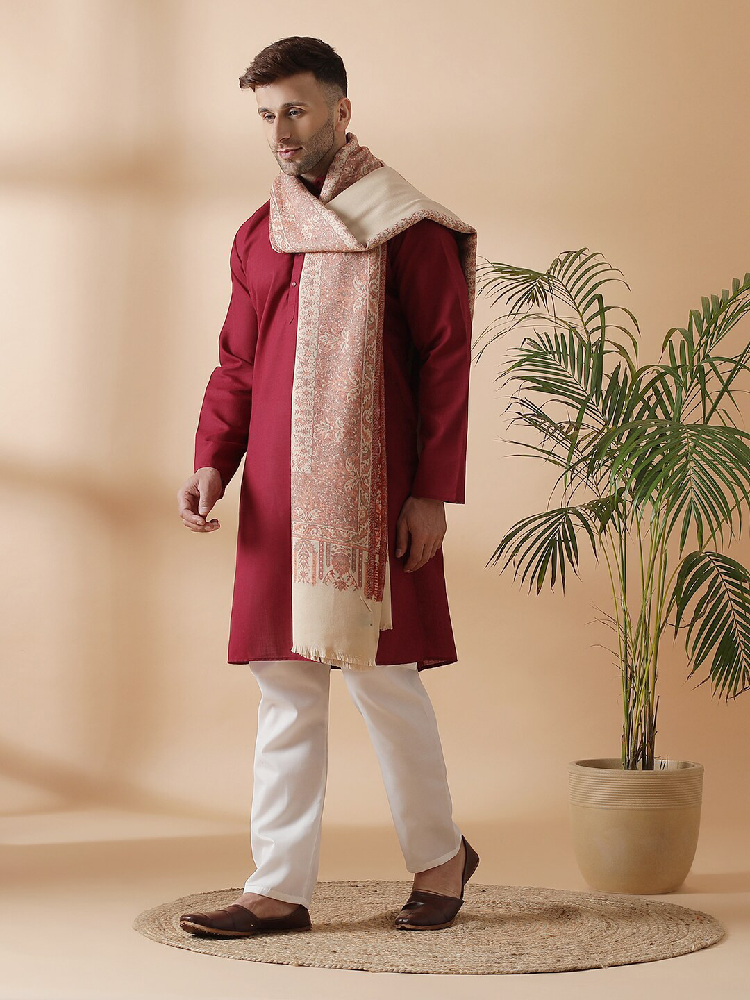 

SHINGORA Men Off-White & Red Woven-Design Pure Woolen Shawl