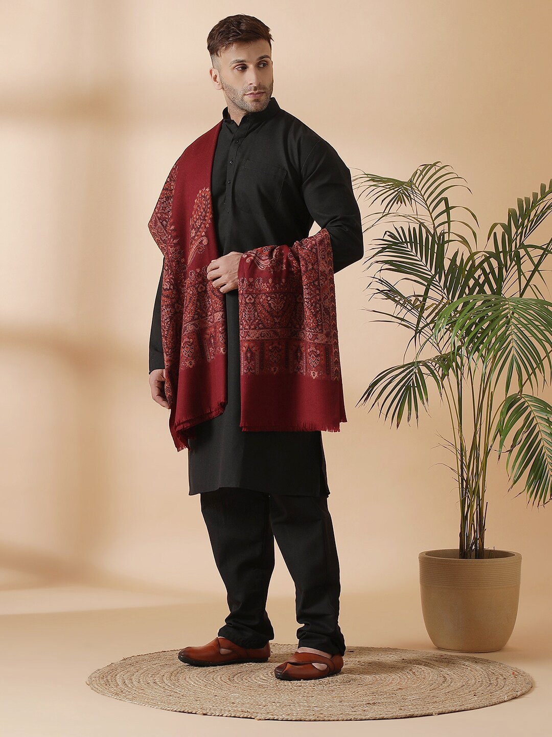 

SHINGORA Men Maroon & Beige Woven-Design Pure Woolen Shawl