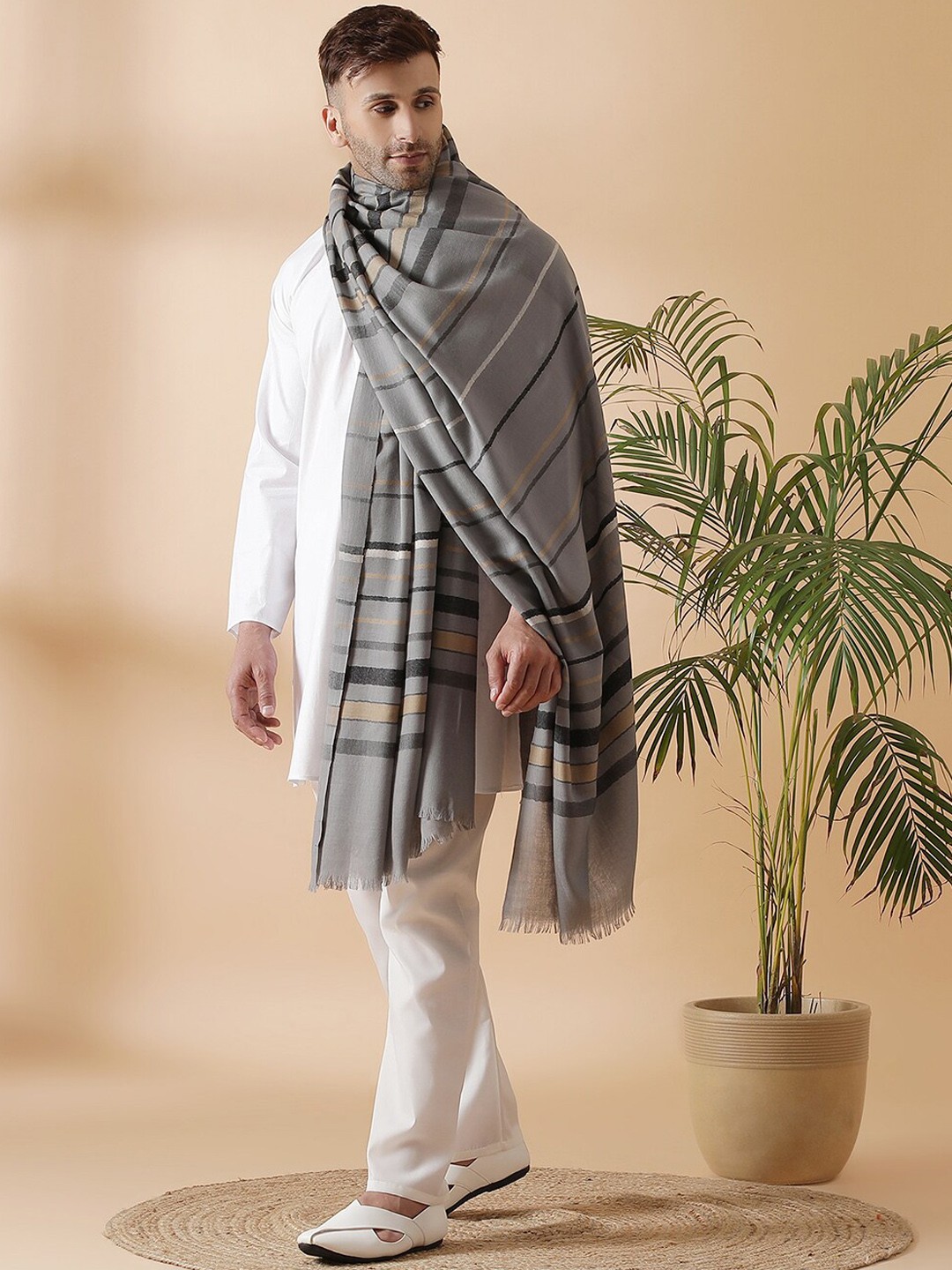

SHINGORA Men Grey & Beige Woven-Design Pure Woolen Shawl