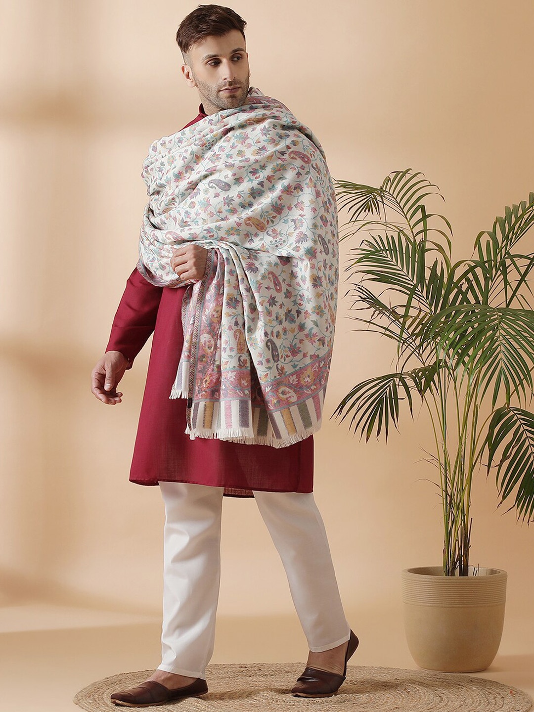 

SHINGORA Men Off-White & Pink Woven-Design Pure Woolen Shawl