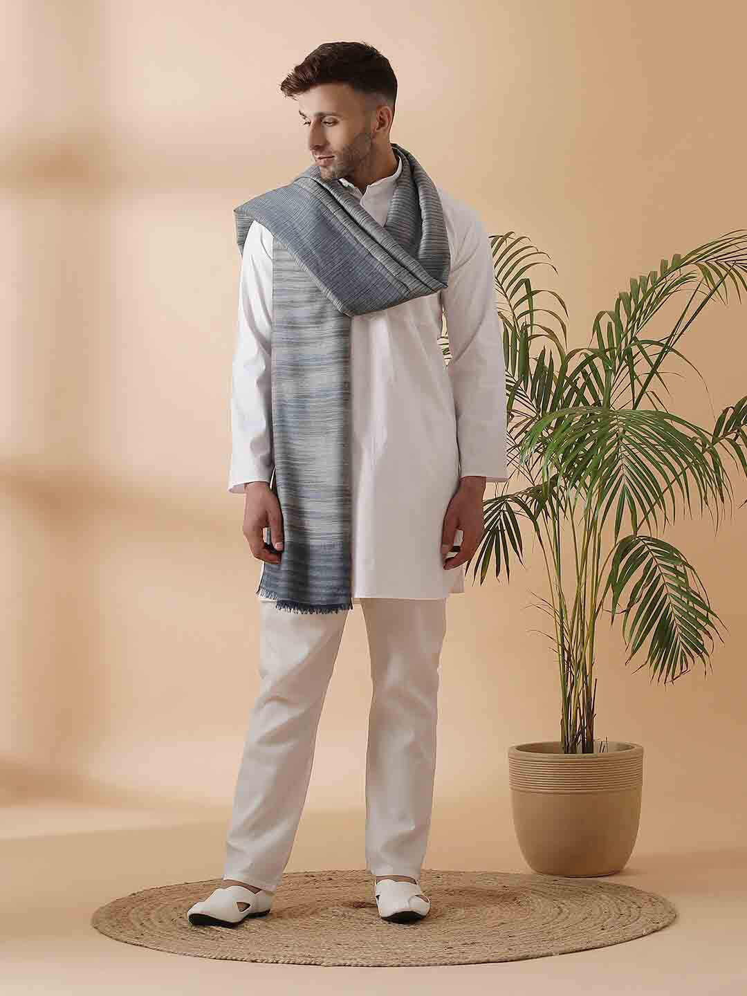 

SHINGORA Men Grey & Blue Woven-Design Pure Woolen Shawl