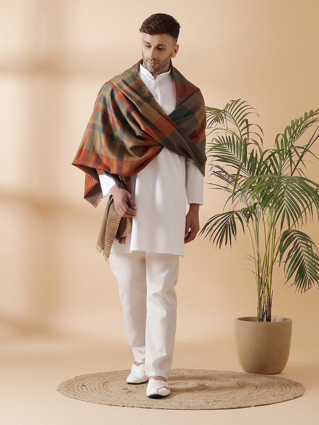 

SHINGORA Men Grey & Orange Woven-Design Pure Woolen Shawl