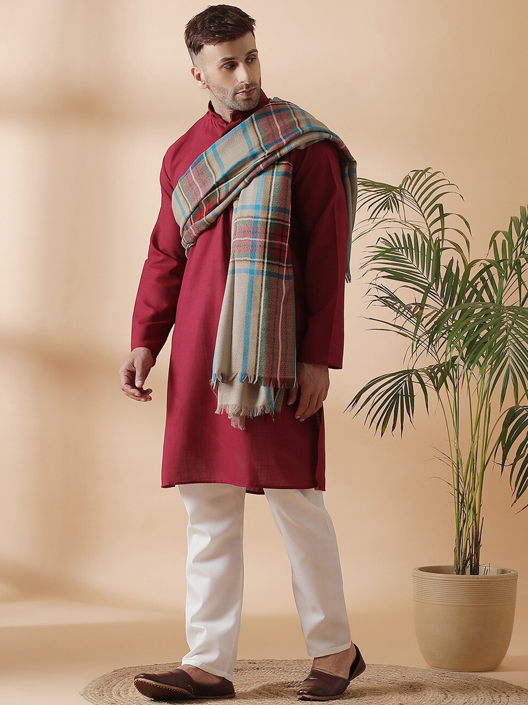 

SHINGORA Men Beige & Red Woven-Design Pure Woolen Shawl
