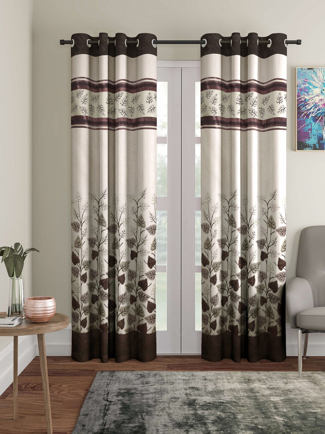 

Arrabi Pack Of 2 Brown & Beige Floral Printed Long Door Curtain