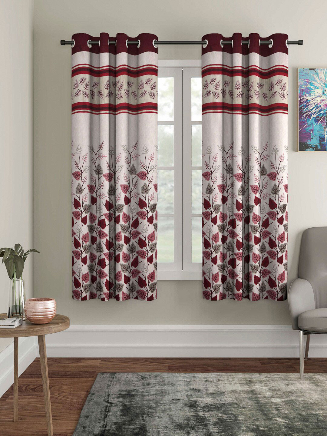 

Arrabi Maroon & Beige Set of 2 Floral Printed Window Curtain