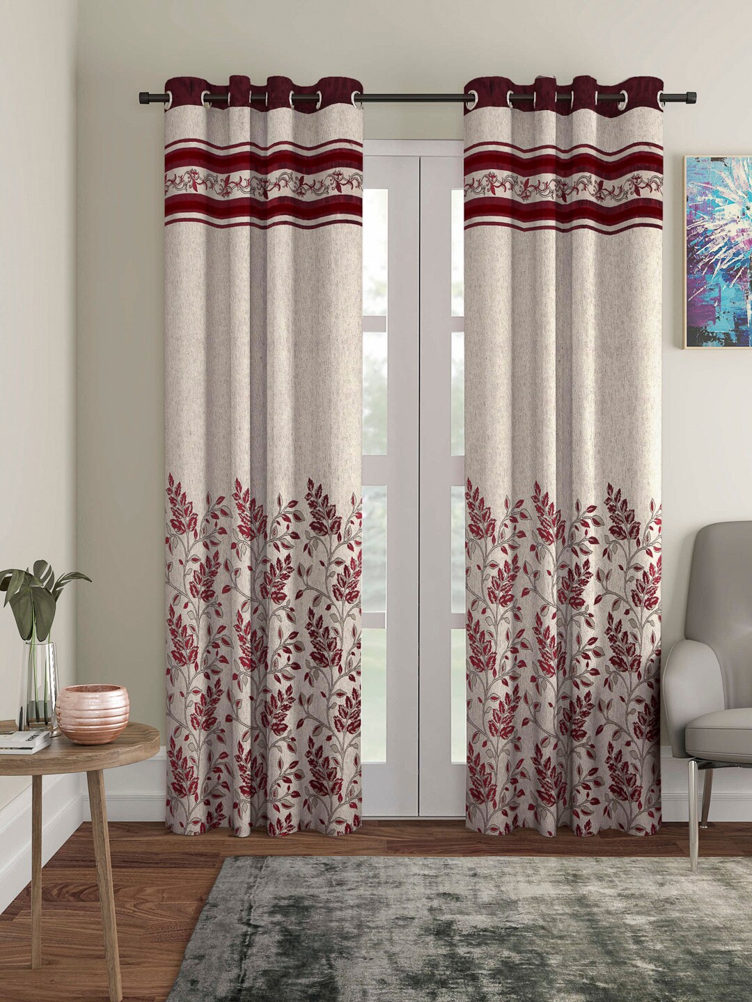 

Arrabi Set of 2 Beige & Maroon Ethnic Motifs Long Door Curtain