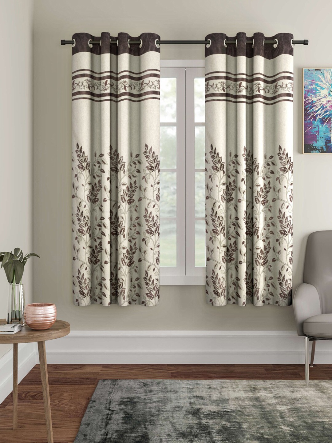 

Arrabi Brown & Off White Set of 2 Floral Window Curtain