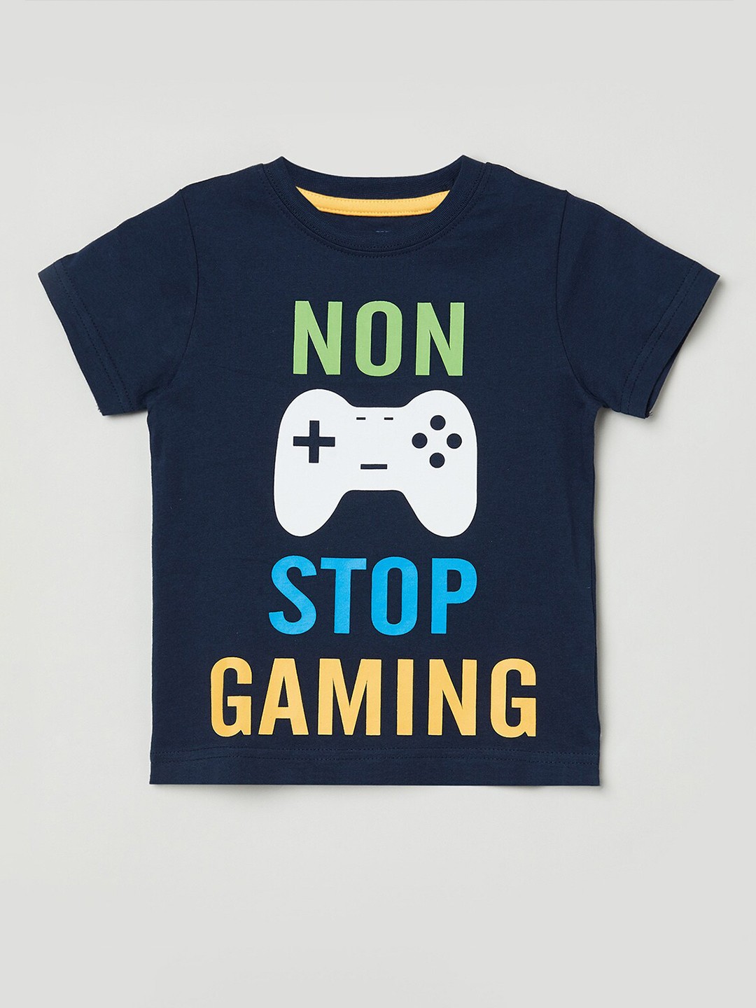 

max Boys Navy Blue & Yellow Typography Printed T-shirt