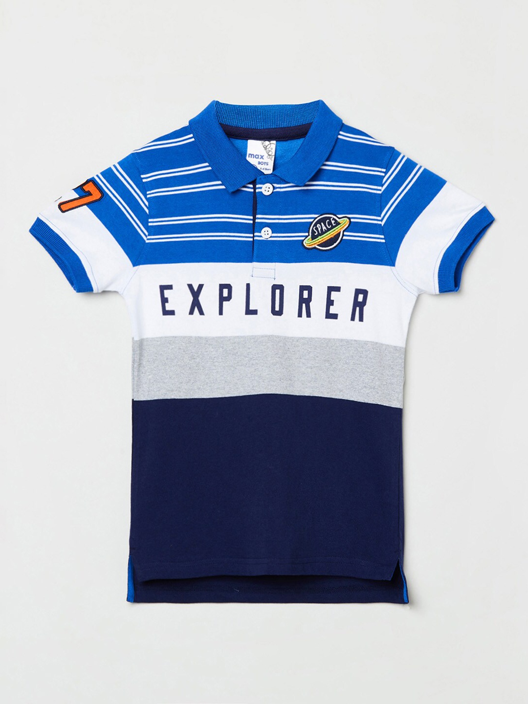 

max Boys Blue & White Colourblocked Polo Collar T-shirt