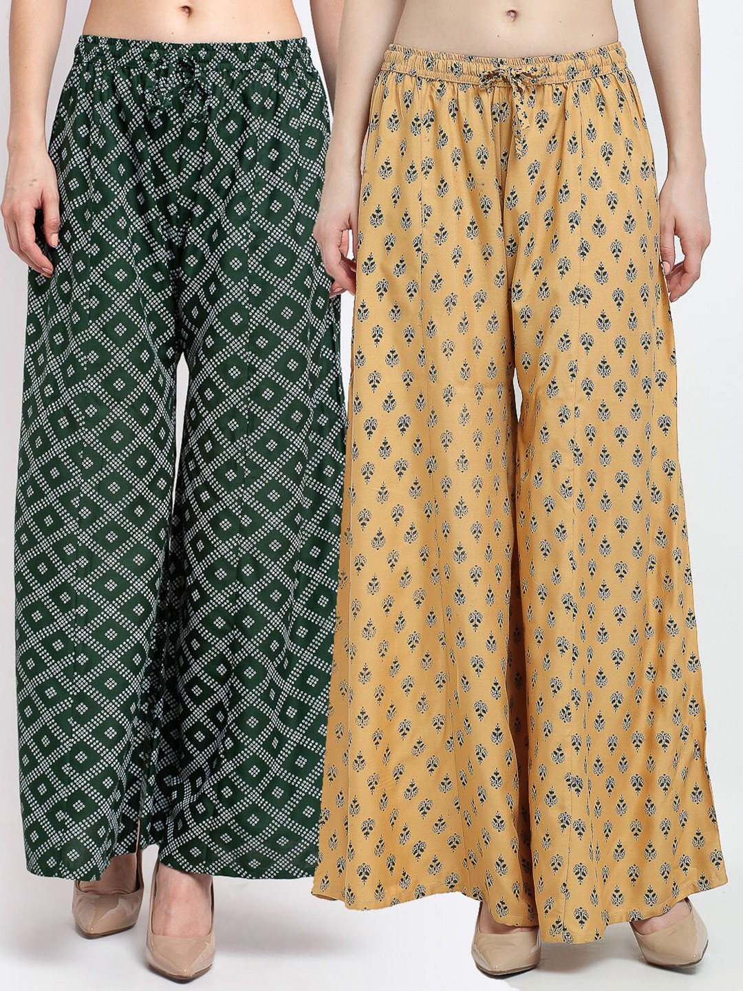 

GRACIT Women Pack Of 2 Green & Cream-Coloured Ethnic Motifs Printed Flared Palazzos