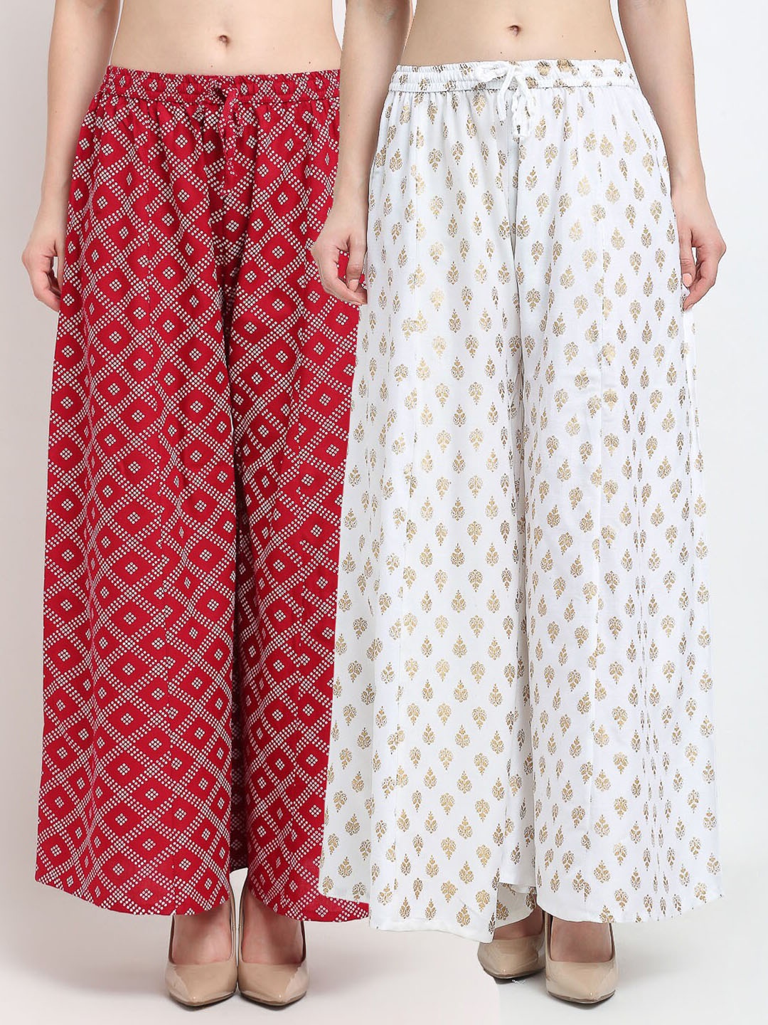 

GRACIT Women Pack Of 2 Maroon & White Ethnic Motifs Printed Flared Ethnic Palazzos