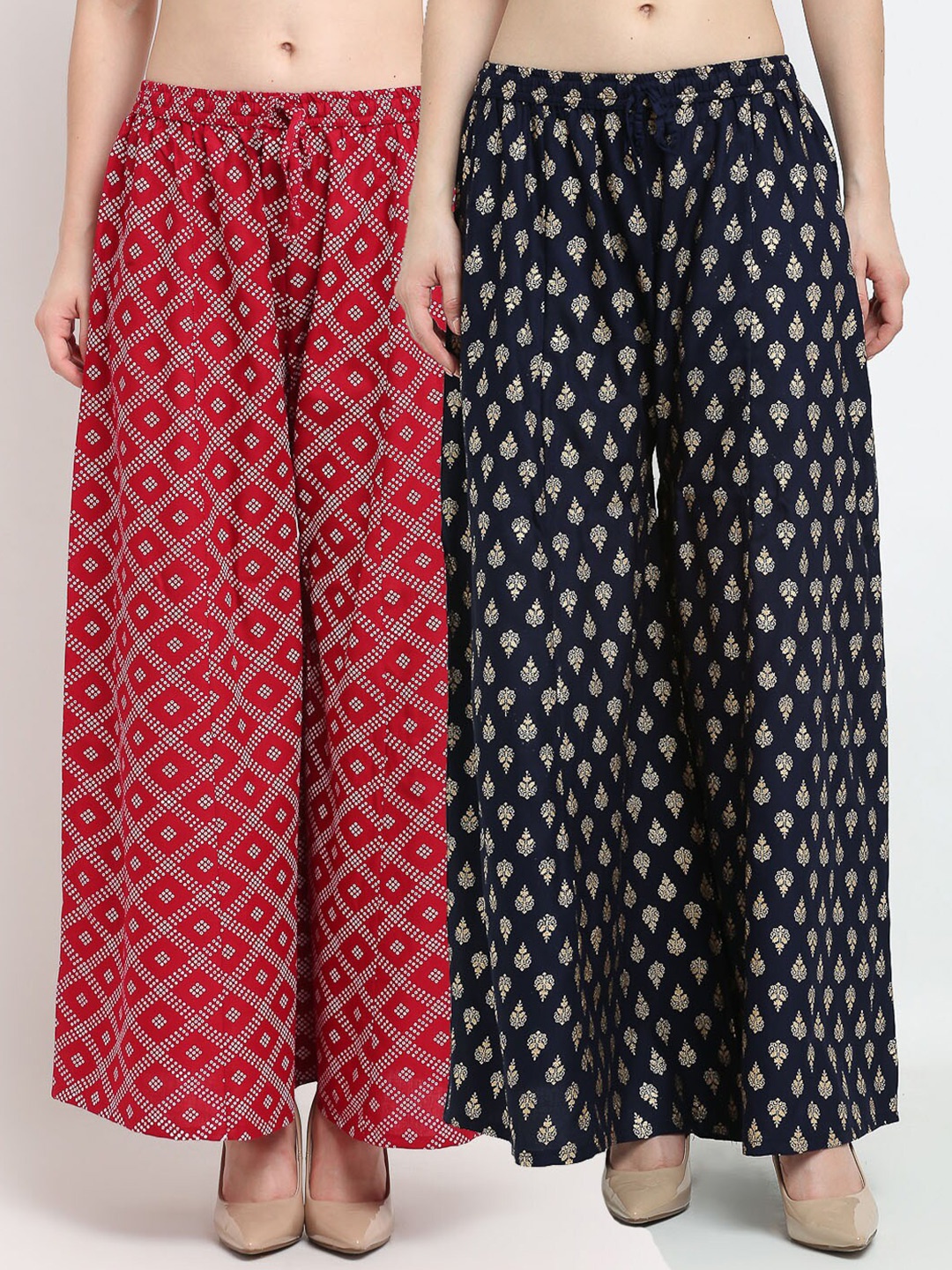 

GRACIT Women Pack of 2 Maroon & Navy Blue Ethnic Motifs Printed Flared Ethnic Palazzos