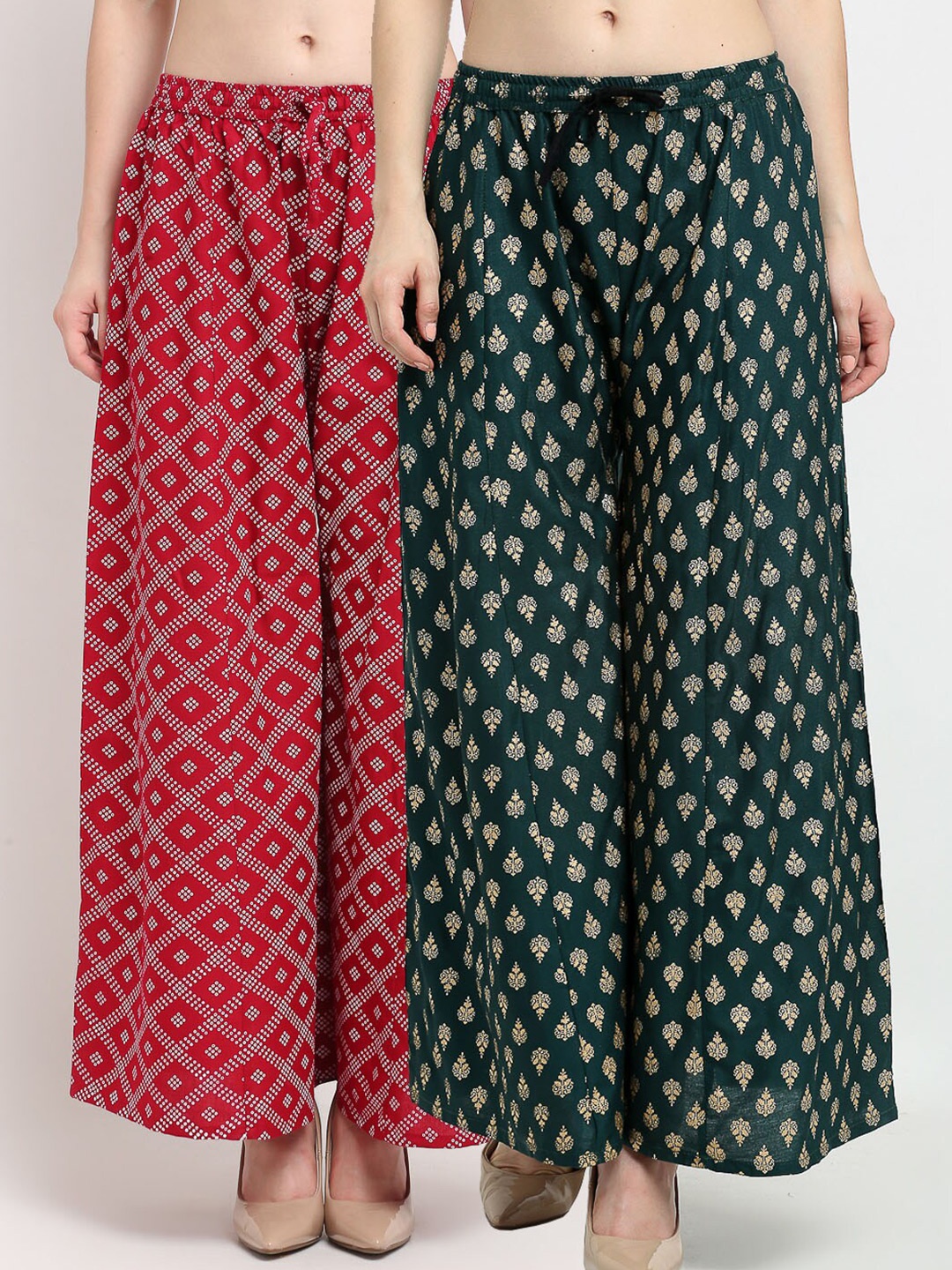 

GRACIT Women Pack Of 2 Maroon & Green Ethnic Motifs Printed Flared Knitted Palazzos