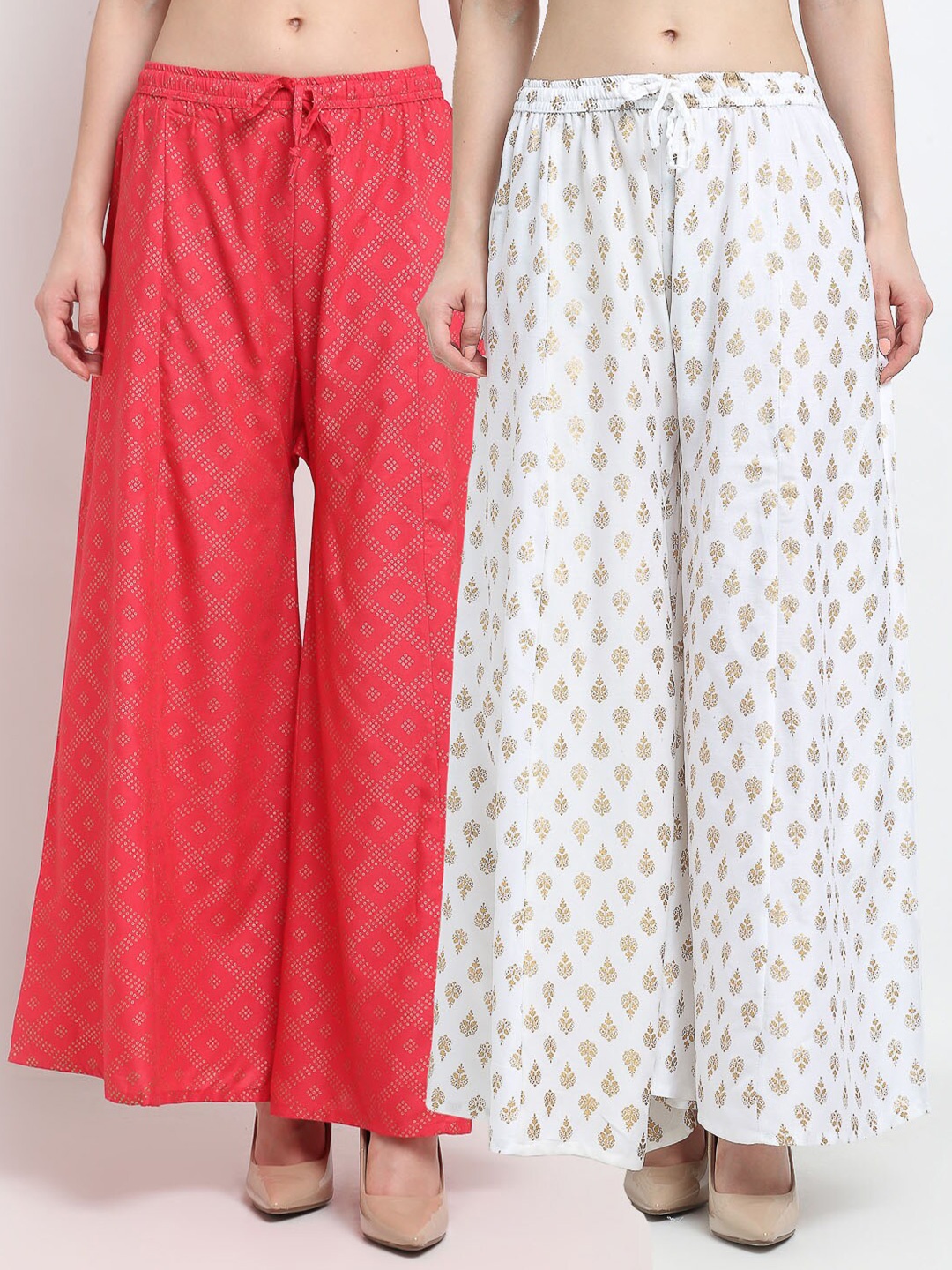 

GRACIT Women Coral & White Pack of 2 Block Printed Flared Knitted Ethnic Palazzos