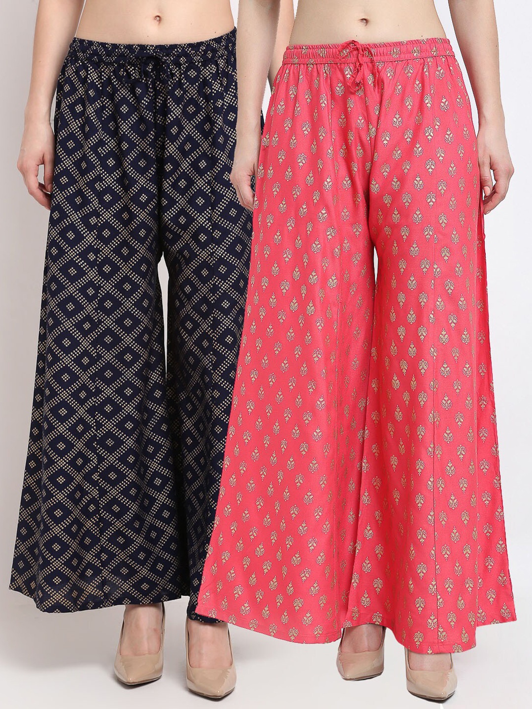 

GRACIT Women Pack of 2 Navy Blue & Peach Printed Flared Knitted Ethnic Palazzos
