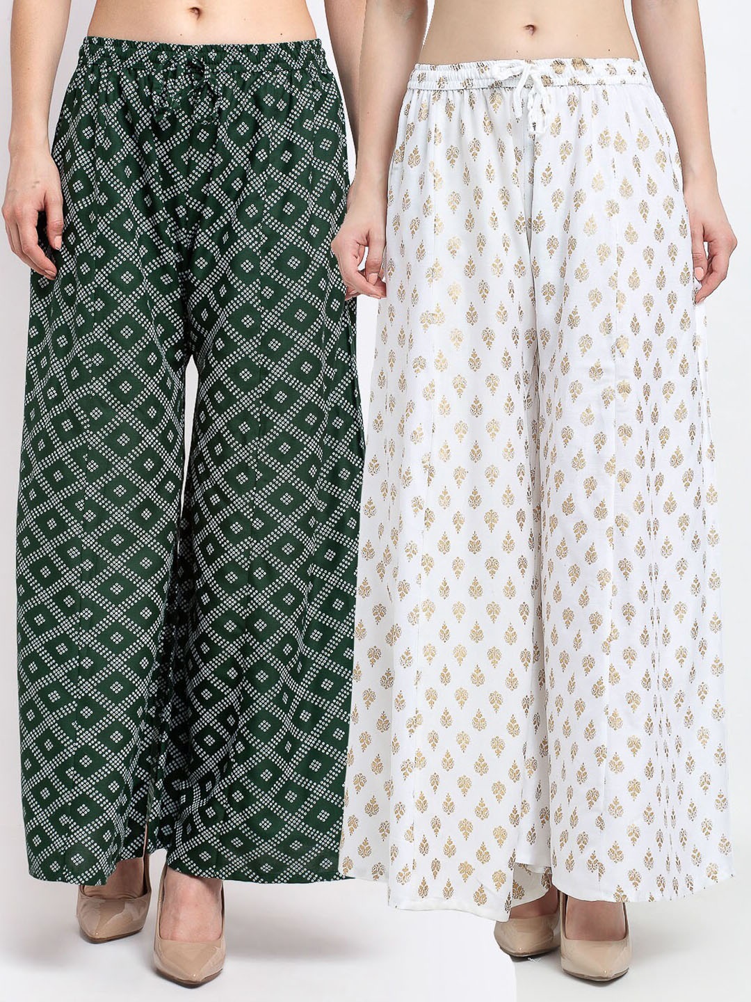 

GRACIT Women Pack of 2 Green & White Ethnic Motifs Printed Flared Knitted Palazzos