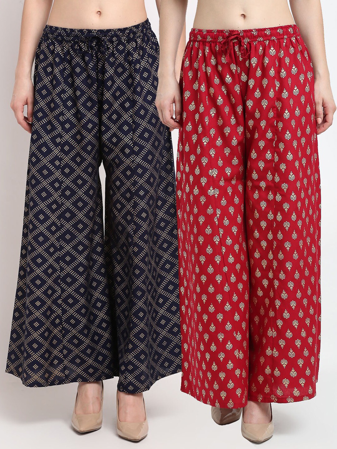 

GRACIT Women Pack Of 2 Printed Flared Knitted Palazzos, Navy blue