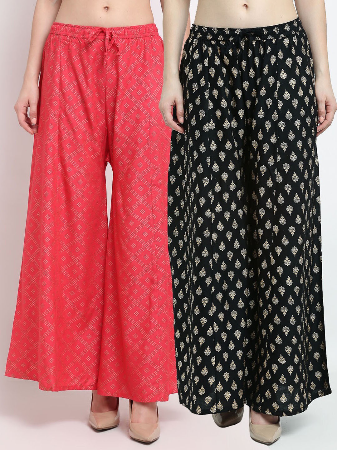 

GRACIT Women Orange & Black 2 Ethnic Motifs Printed Flared Knitted Palazzos