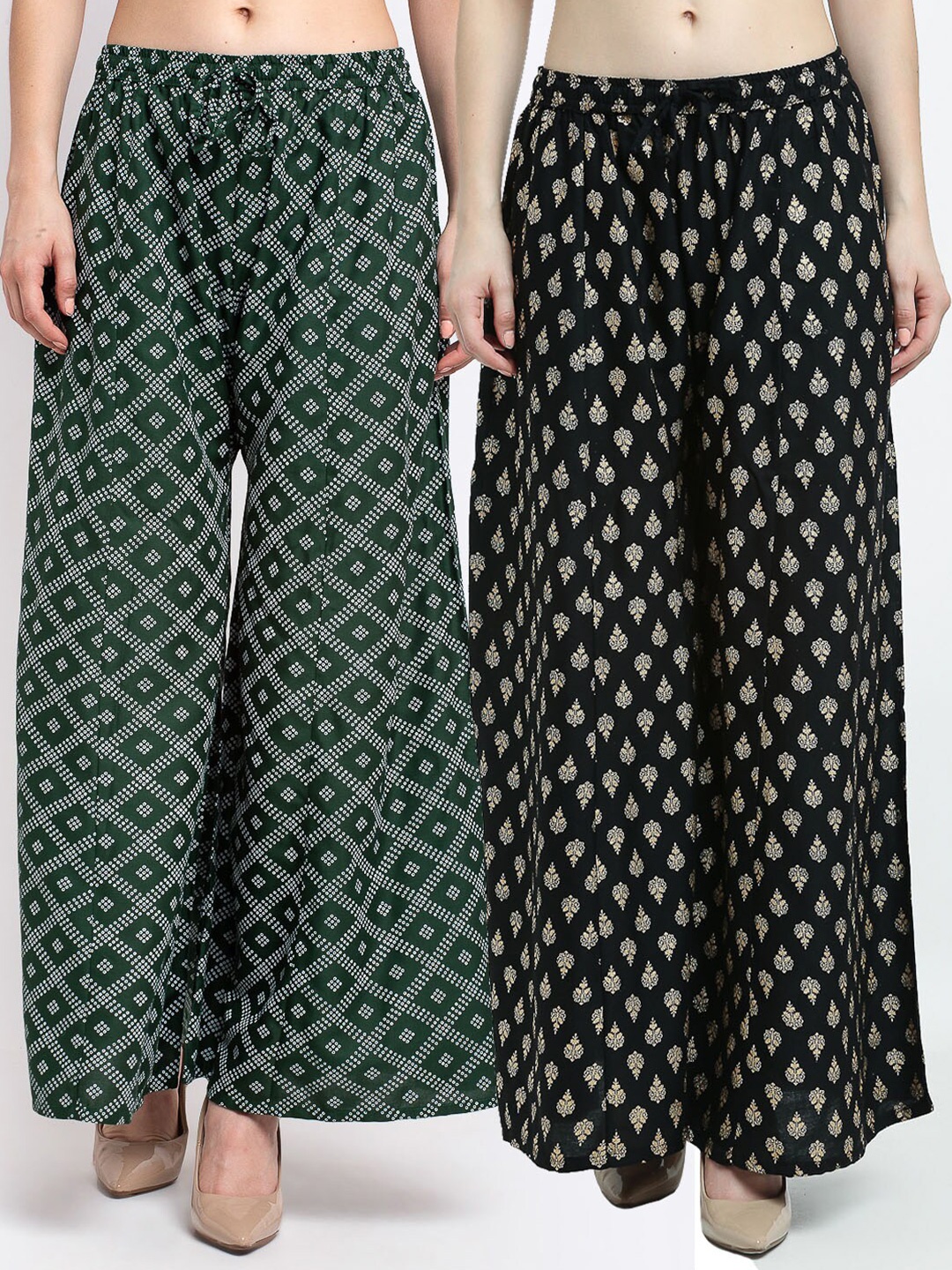 

GRACIT Women Pack Of 2 Green & Black Ethnic Motifs Printed Flared Ethnic Palazzos