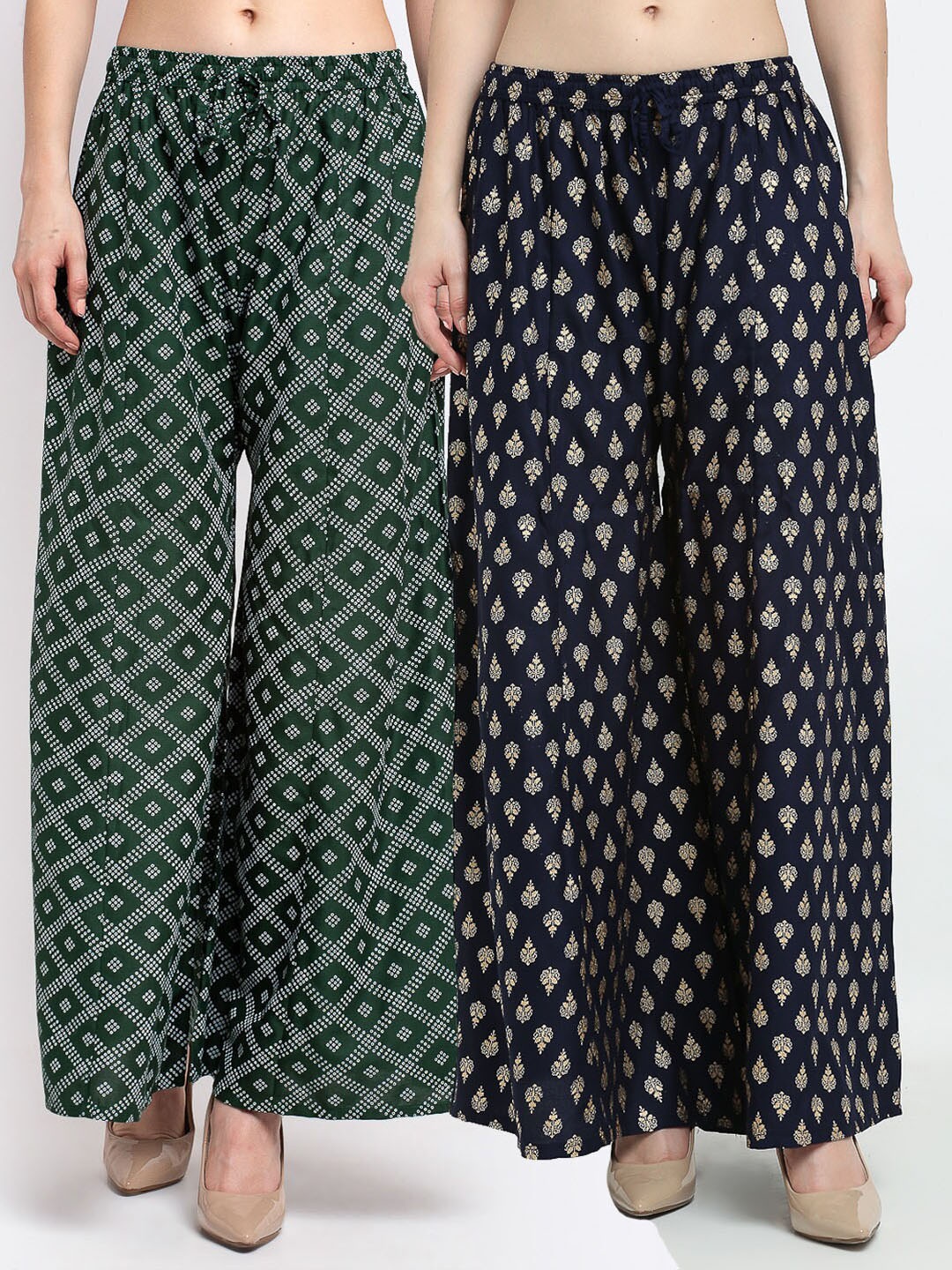 

GRACIT Women Pack of 2 Green & Navy Blue Printed Flared Knitted Ethnic Palazzos