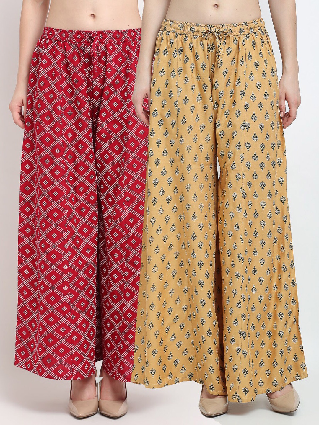 

GRACIT Women Maroon & Tan 2 Ethnic Motifs Printed Flared Knitted Palazzos