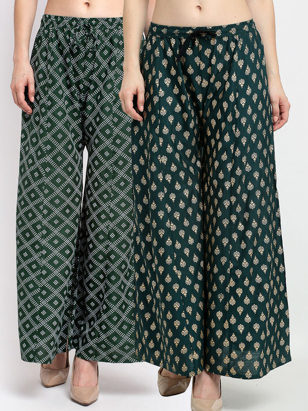 

GRACIT Women Pack Of 2 Printed Flared Knitted Palazzos, Green