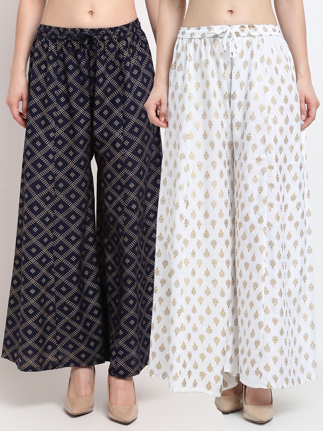 

GRACIT Women Navy Blue & White 2 Ethnic Motifs Printed Flared Knitted Palazzos