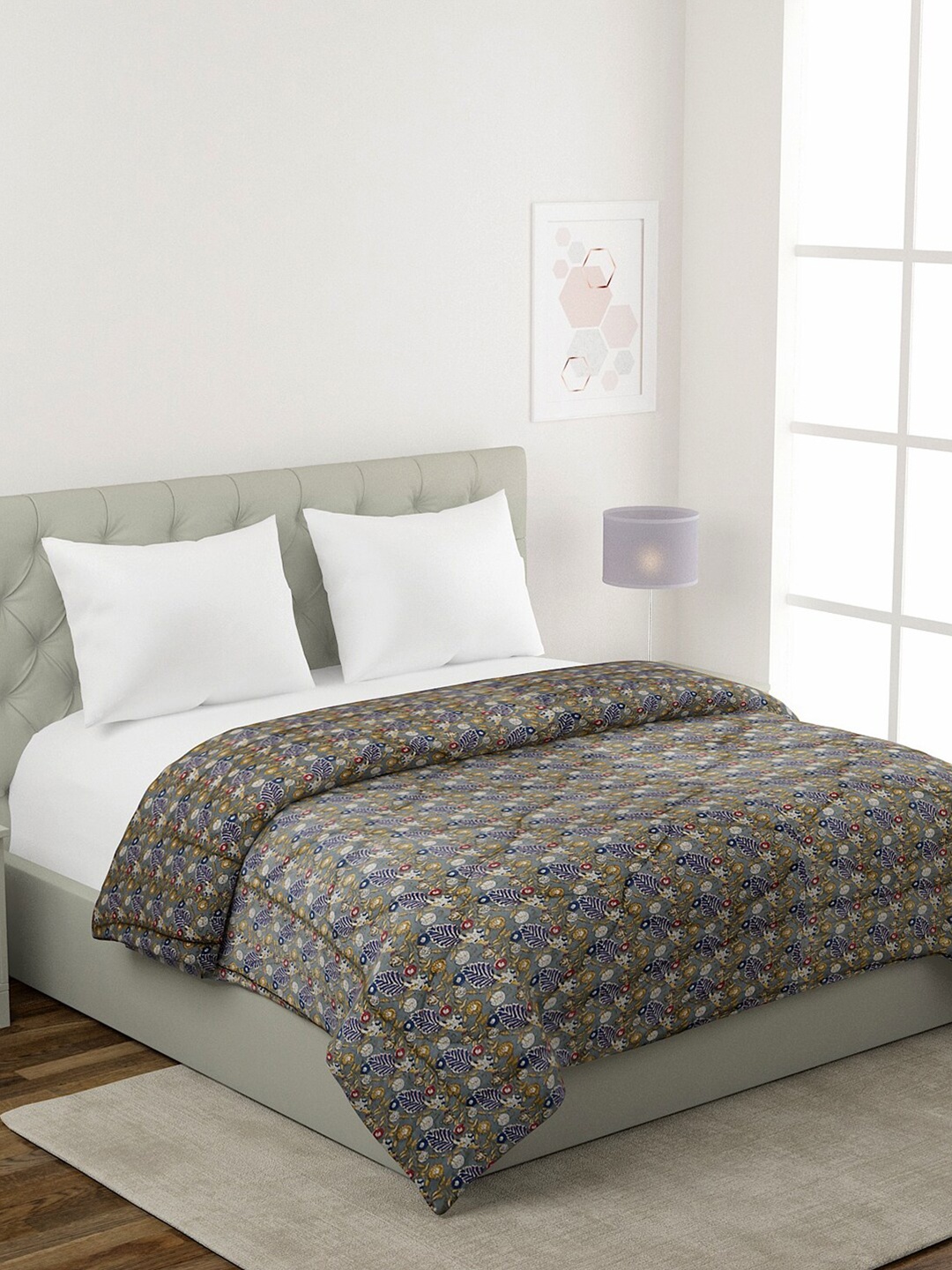

Rajasthan Decor Grey & Yellow Floral Mild Winter 210 GSM Double Bed Comforter