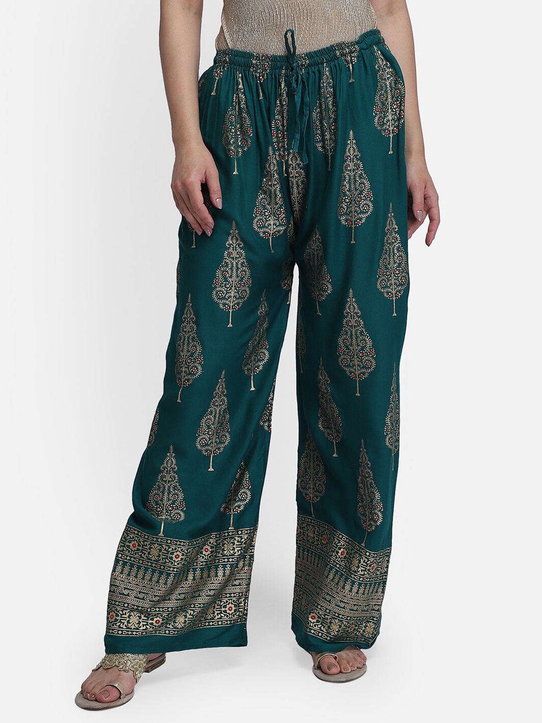 

Aditi Wasan Women Green & Gold Ethnic Motifs Printed Relaxed Fit Palazzos