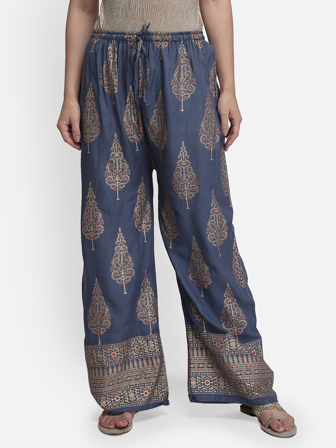 

Aditi Wasan Women Grey & Gold-Toned Paisley Printed Ethnic Palazzos