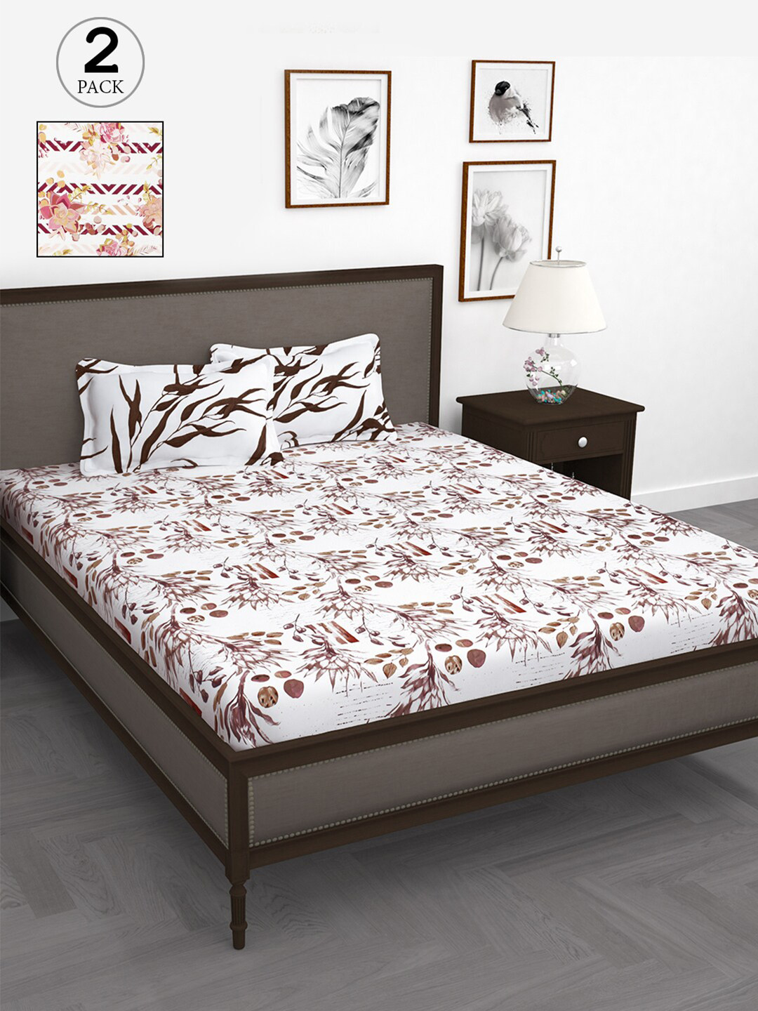 

Story@home White & Brown Floral 186 TC 2 Queen Bedsheet with 4 Pillow Covers