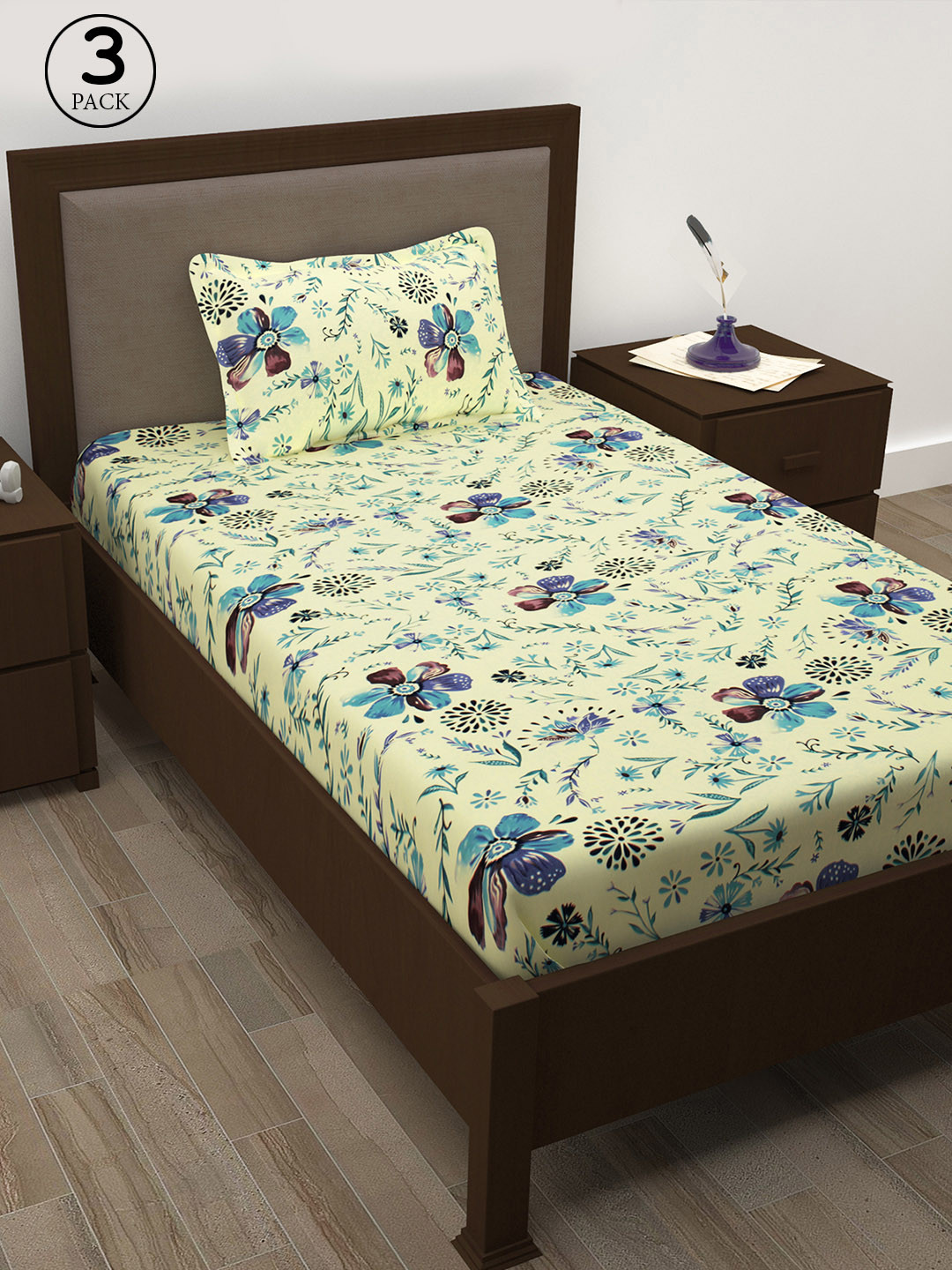 

Story@home Cream-Coloured & Blue Pure Cotton 208 TC 3 Single Bedsheet with 3 Pillow Covers